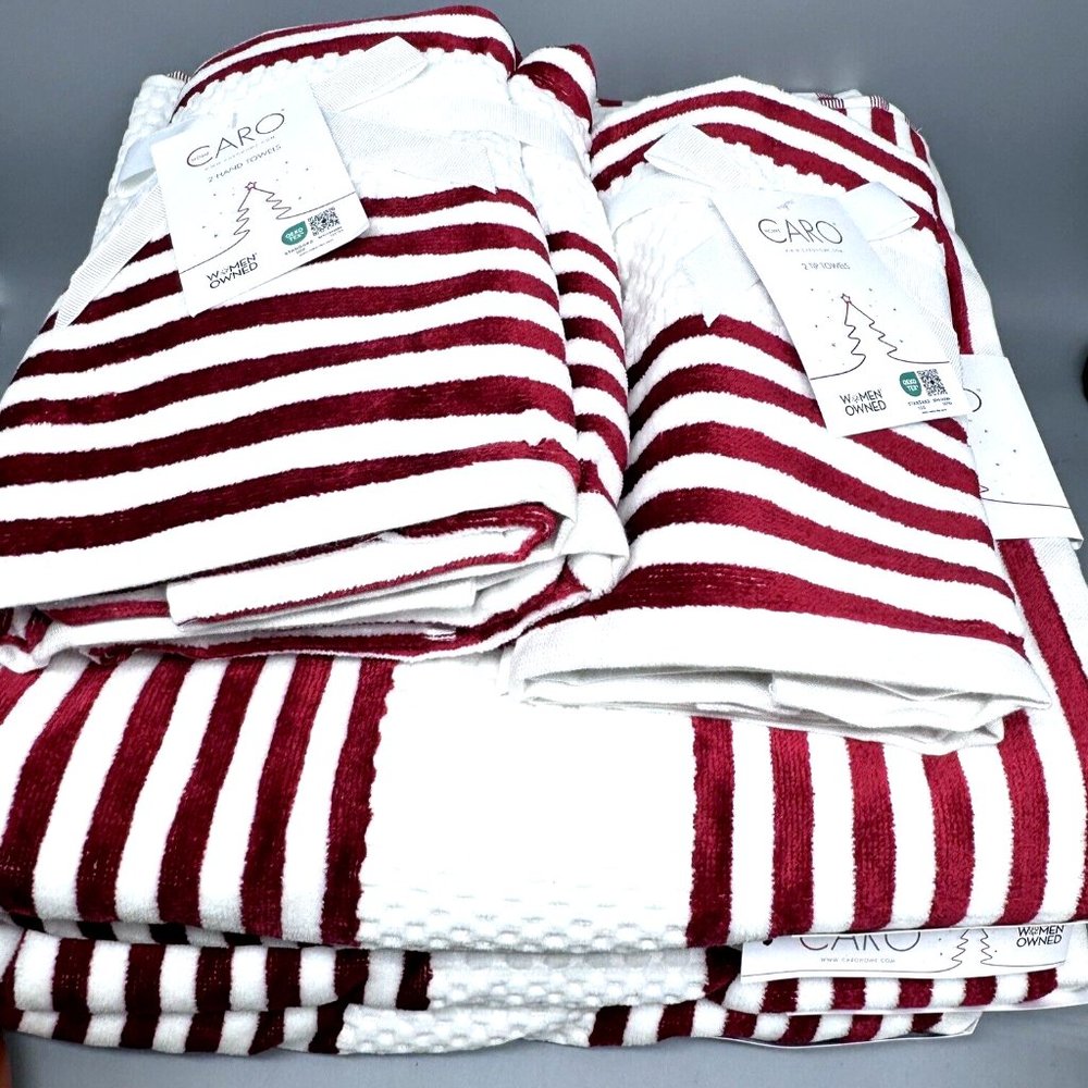 8pc Caro Christmas Red White Stripe Bath Hand Tip Towel Set Luxury Velour Cotton